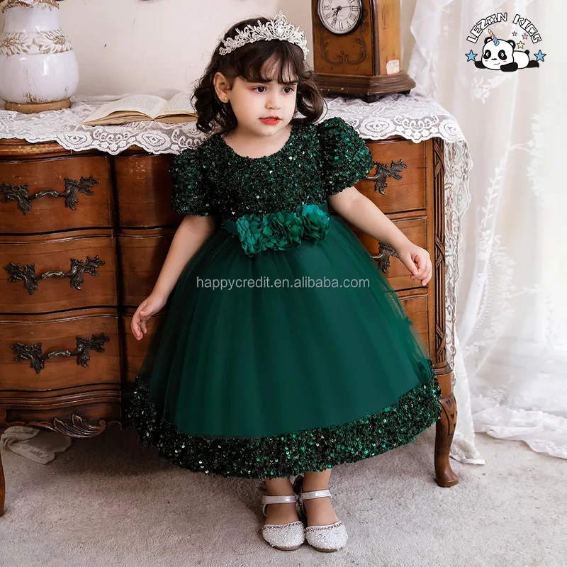 LEZONKIDS - Vestido de festa estilo europeu com lantejoulas para meninas de 10 anos, vestido de florista para casamento
